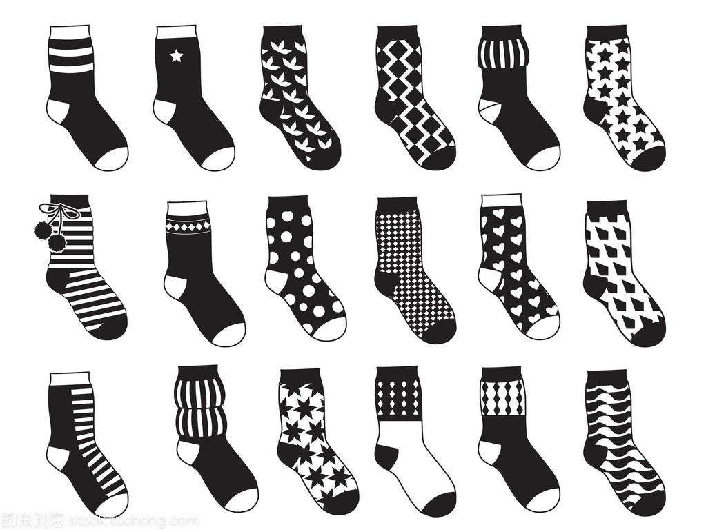 孩子的剪影襪子與不同模式。矢量單色插圖隔離